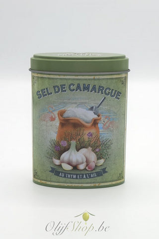 Camargue zout met tijm en look in retro blikje