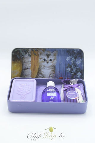Geschenk retro blik zeepje, zakje en lavendelolie poes motief