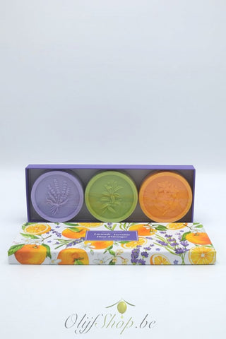 Luxe geschenkkoffer met 3 ronde zepen - lavendel, verveine, fleur d'oranger EP