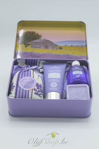 Geschenk retro blik 4 producten lavendel zonnebloem