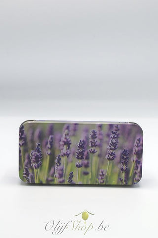 Geschenk retro blik zeepje, zakje en handcreme lavendel motief