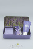 Geschenk retro blik zeepje, zakje en handcreme lavendel motief