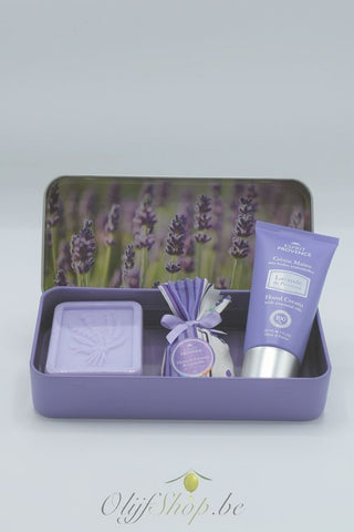 Geschenk retro blik zeepje, zakje en handcreme lavendel motief