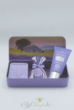 Geschenk retro blik zeepje, zakje en handcreme zonnebloemveld motief