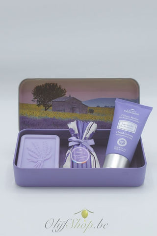 Geschenk retro blik zeepje, zakje en handcreme zonnebloemveld motief