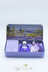 Geschenk retro blik zeepje, zakje en lavendelolie landschap motief
