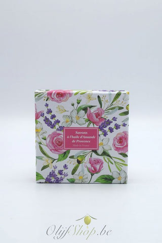 Luxe geschenkkoffer 4 ronde zeepjes jasmijn, lavendel, rozen en  olijf 25 gram