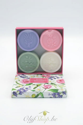 Luxe geschenkkoffer 4 ronde zeepjes jasmijn, lavendel, rozen en  olijf 25 gram