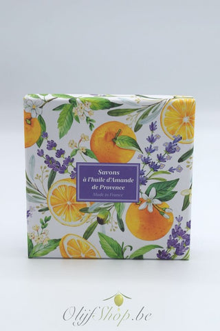 Luxe geschenkkoffer 4 ronde zeepjes lavendel, verveine, oranjebloesem en olijf 25 gram