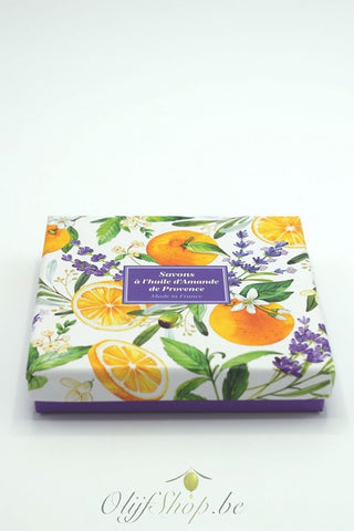 Luxe geschenkkoffer 4 ronde zeepjes lavendel, verveine, oranjebloesem en olijf 25 gram