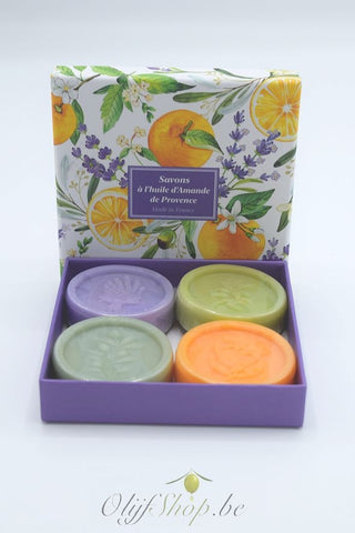 Luxe geschenkkoffer 4 ronde zeepjes lavendel, verveine, oranjebloesem en olijf 25 gram