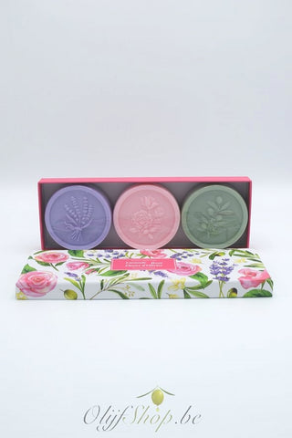 Luxe geschenkkoffer met 3 ronde zepen - lavendel, rozen, fleur d'olivier EP