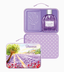 Retro blikje valies met zeepje en eau de toilette lavendel